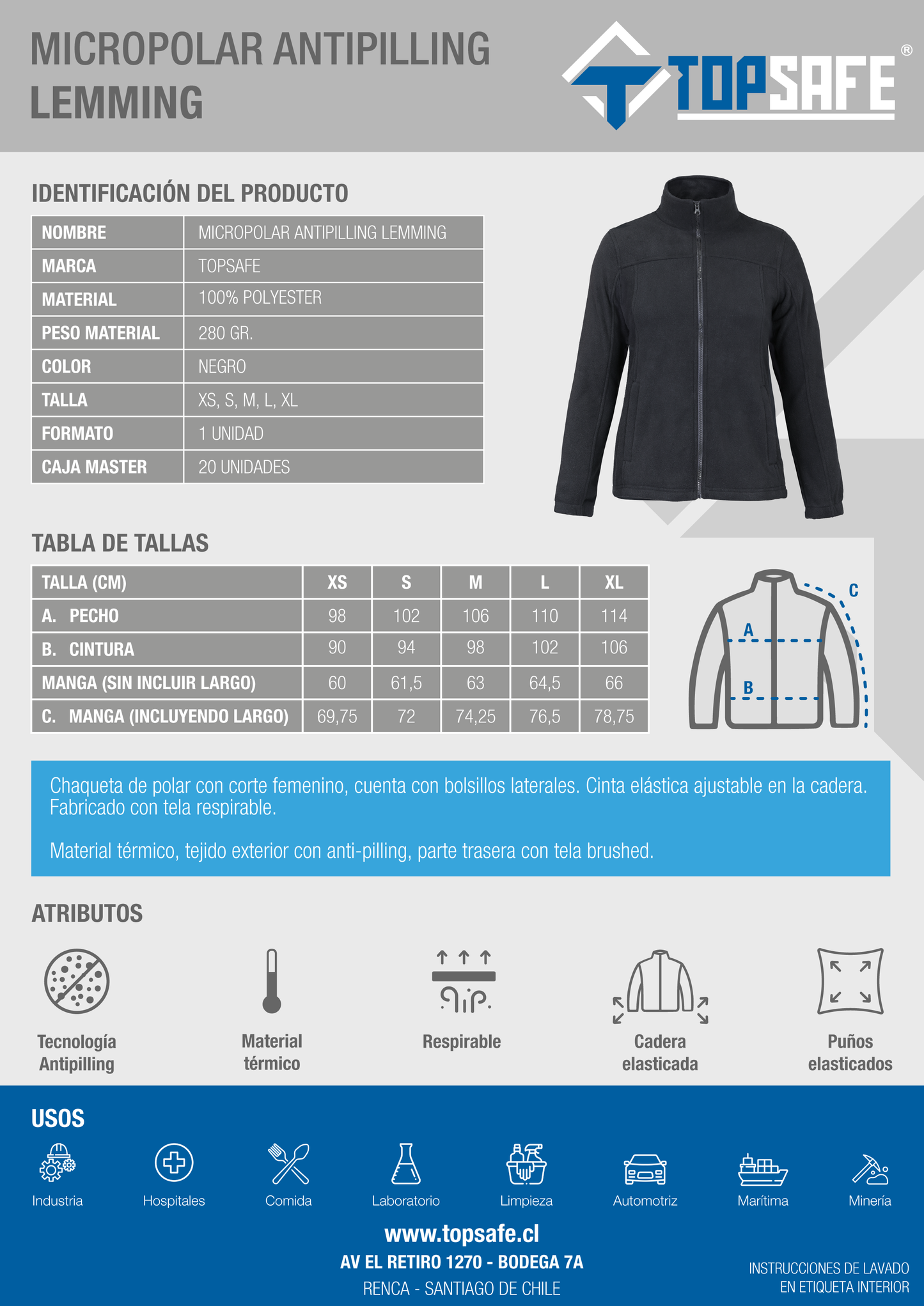 Chaqueta Micropolar Antipiling Mujer Negro Topsafe