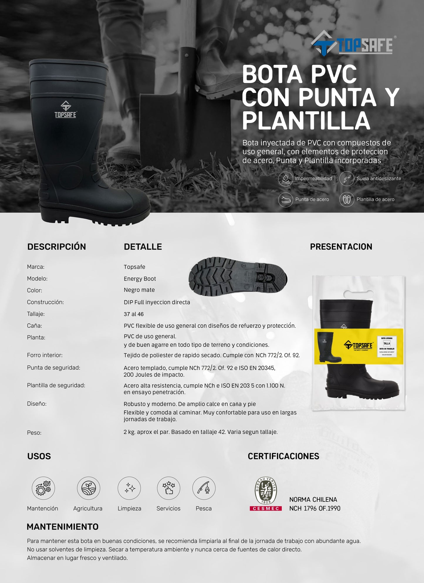 Bota PVC c/punta y plantilla Topsafe