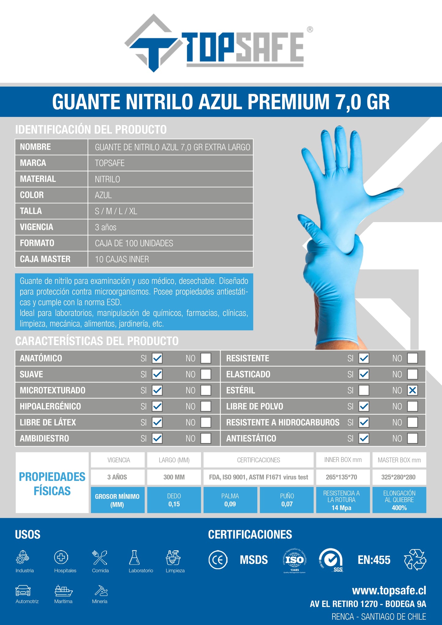 Guante Extra Largo Nitrilo 7,0 gr Topsafe Azul (100u)