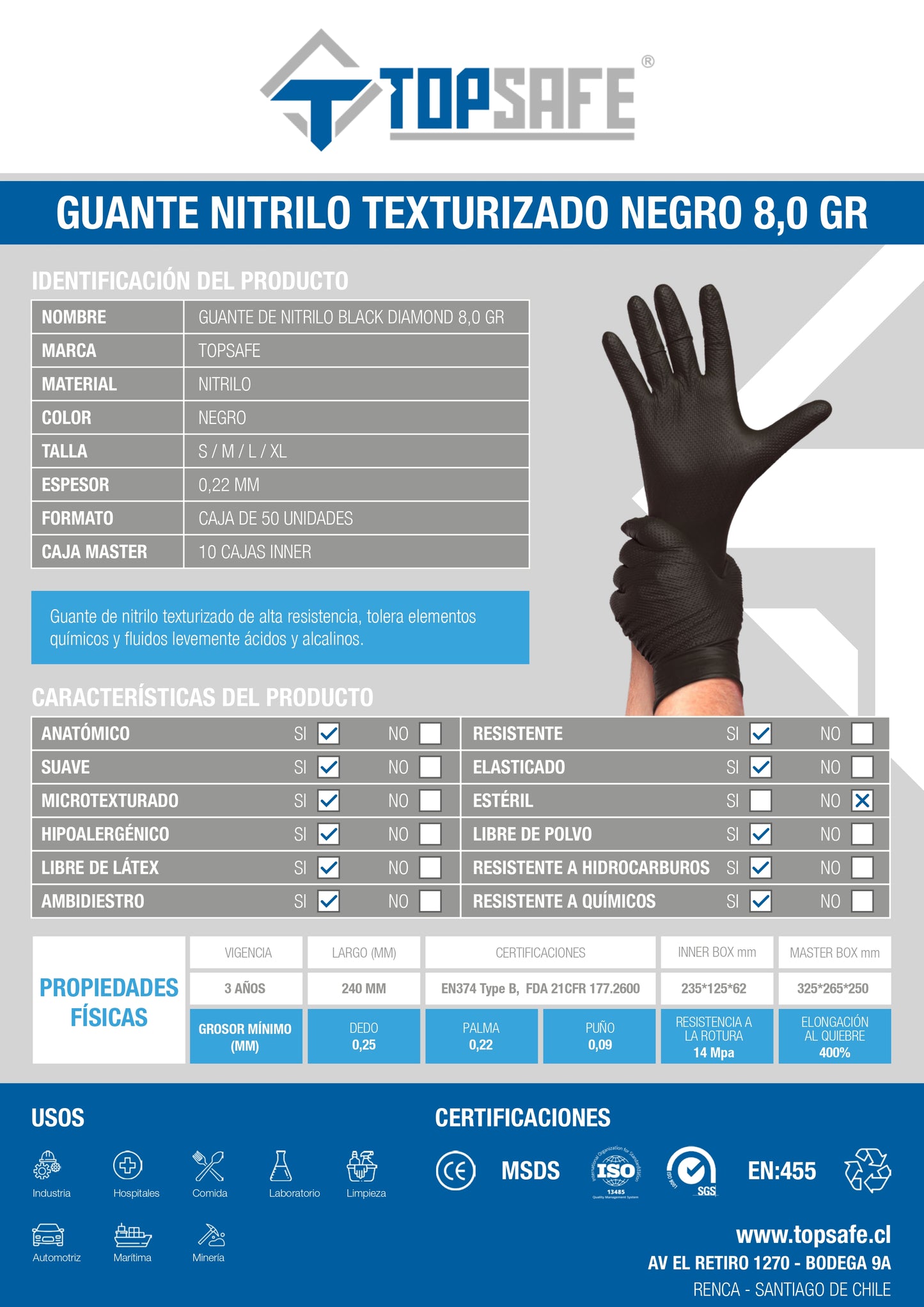 Guante De Nitrilo Texturizado Negro 8,0 Gr. Topsafe (50 Uds)