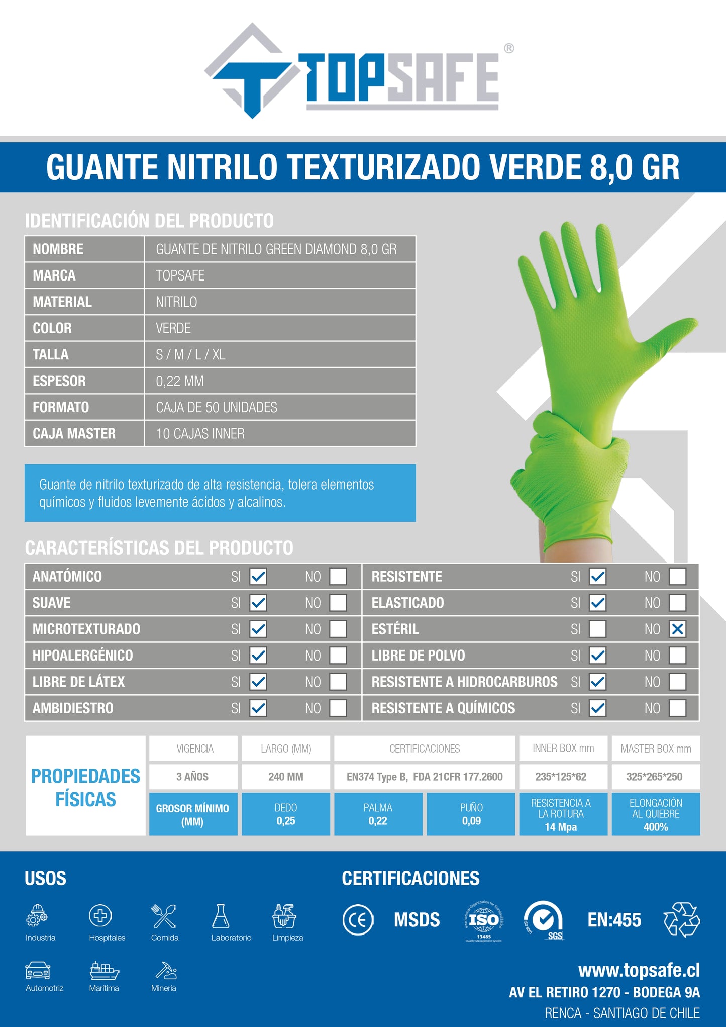 Guante De Nitrilo Texturizado Verde 8,0 Gr. Topsafe (50 Uds)