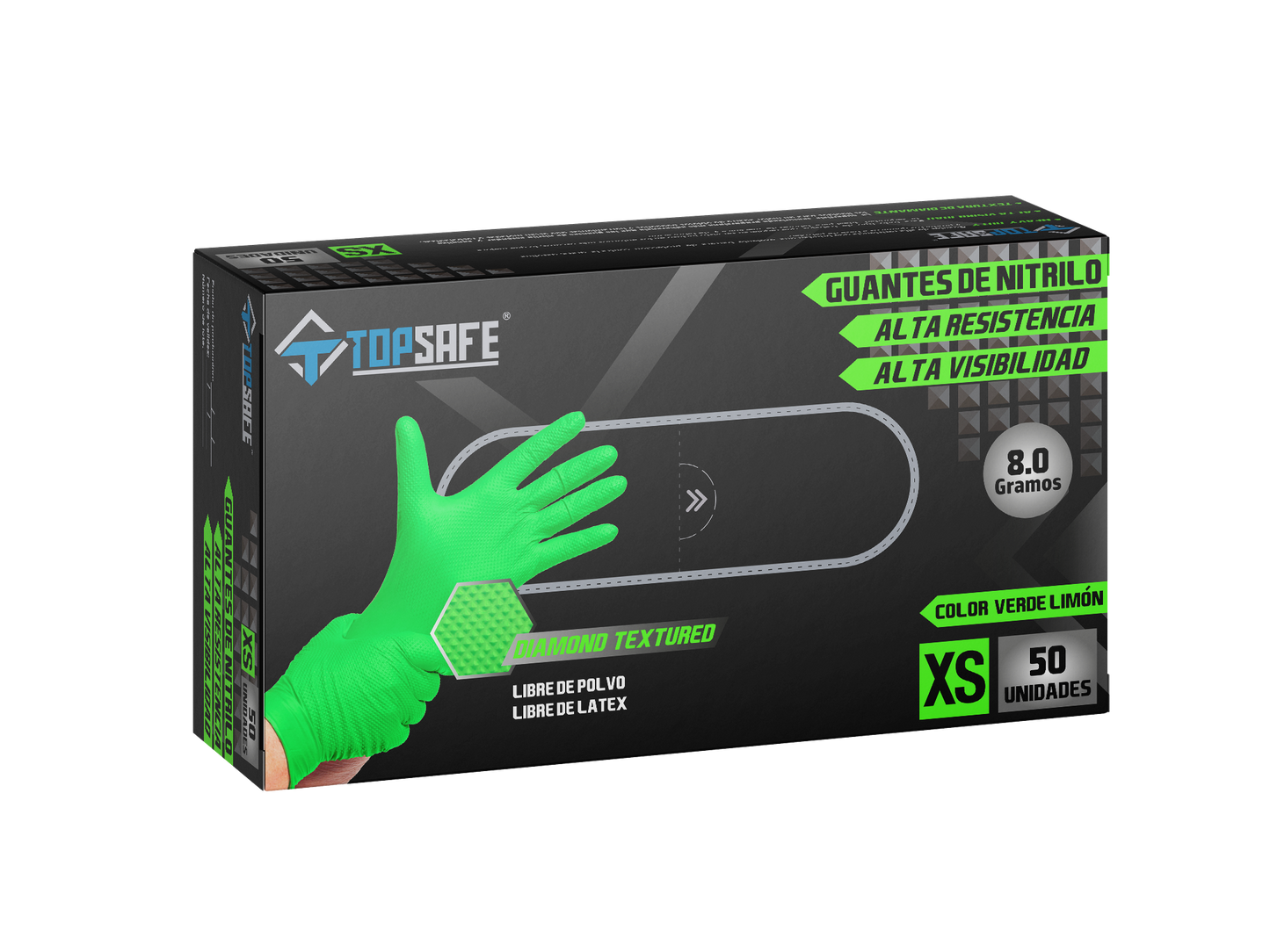 Guante De Nitrilo Texturizado Verde 8,0 Gr. Topsafe (50 Uds)