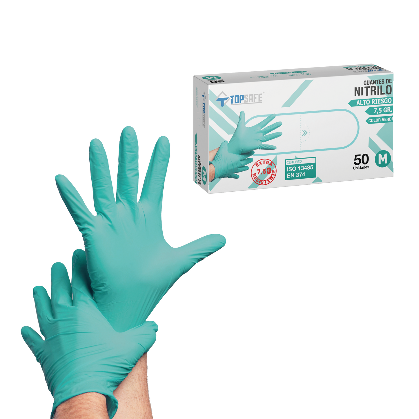 Guante Nitrilo 7,5 grs Topsafe Quimico Premiun Verde (50u)