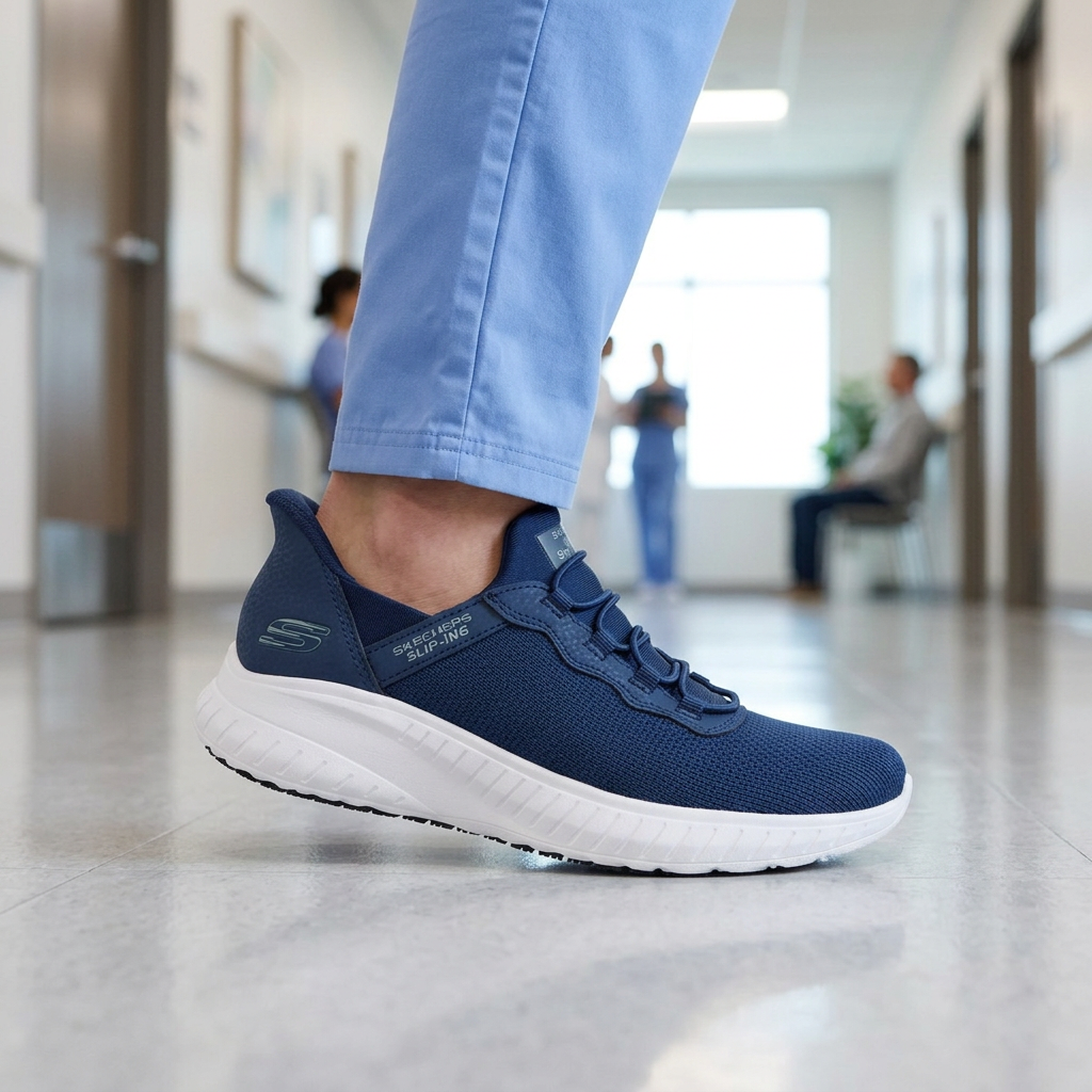Zapatilla Ocupacional Mujer Skechers Work Jasul SR Slip-ins Navy en uso en clínica