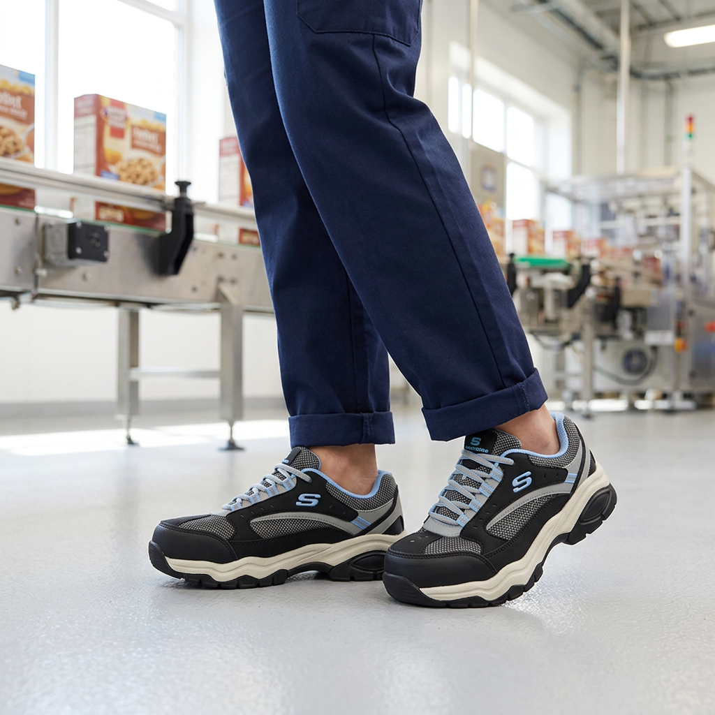 Skechers Zapatilla Mujer Seguridad Biscoe Celeste en uso en planta de alimentos