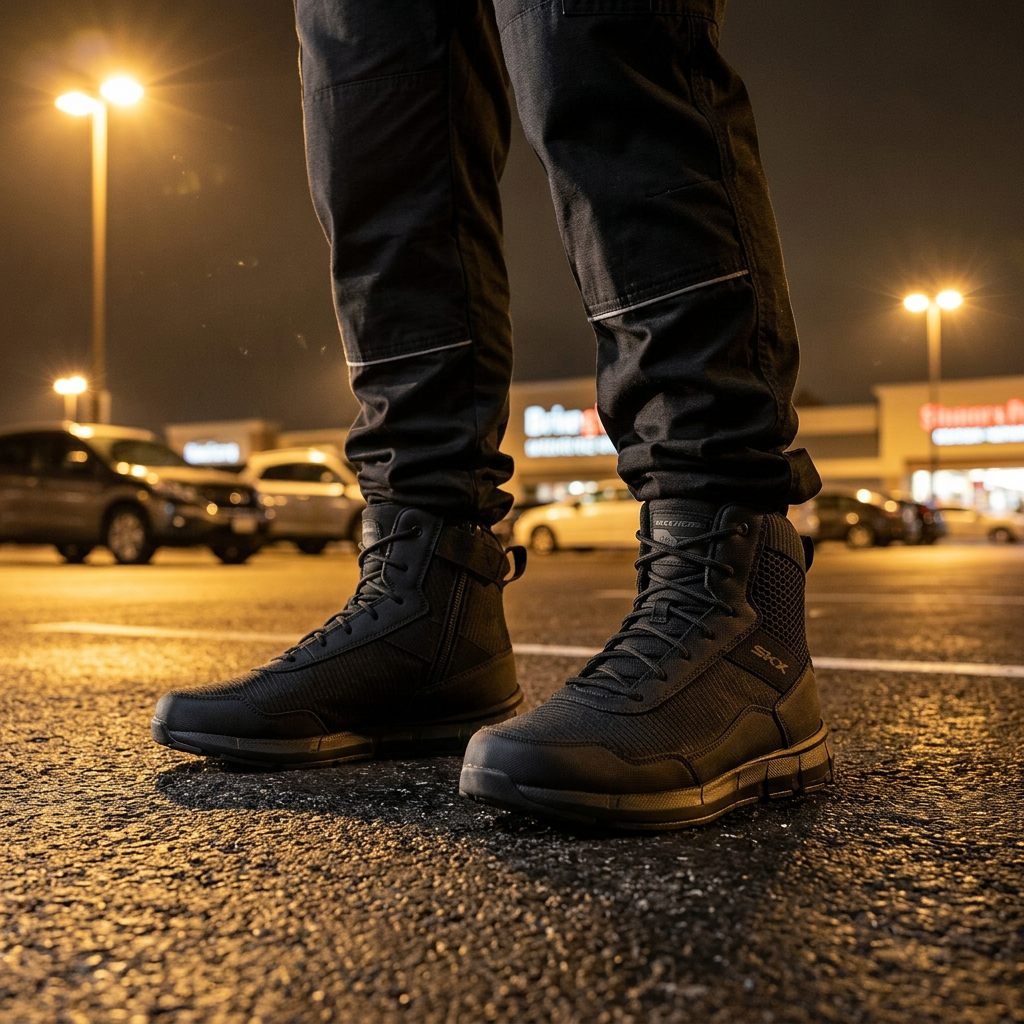 Botín Táctico de Trabajo Hombre Skechers Work Terradraft Negro en uso en estacionamiento de noche