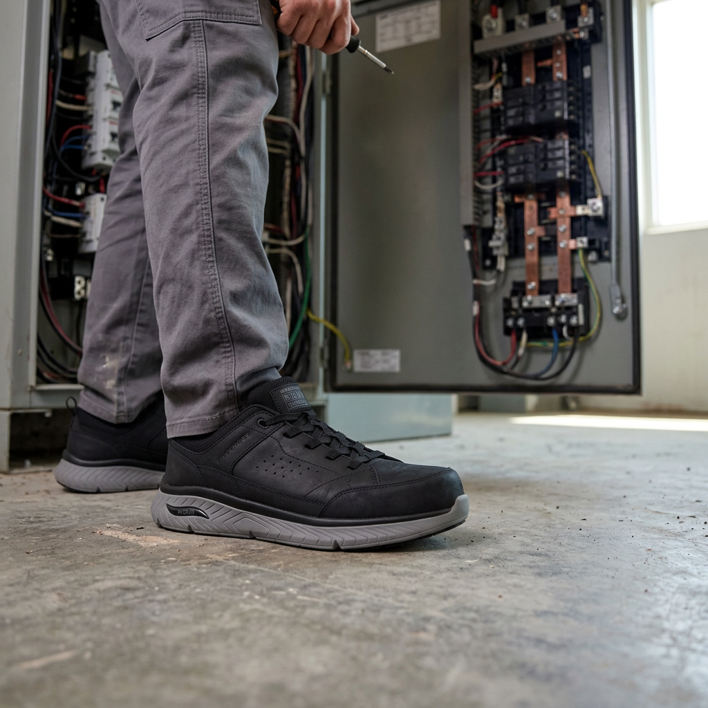 Zapato de Seguridad Skechers Work Vaultor BKGY Hombre en uso en sala eléctrica industrial