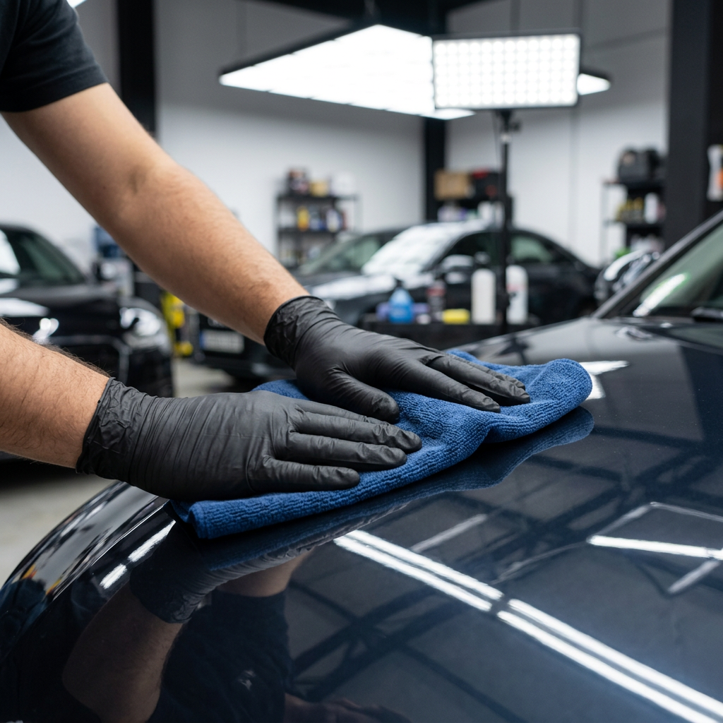 Guante de Nitrilo 5,5 gr Topsafe Negro (100u) en uso en detailing automotriz