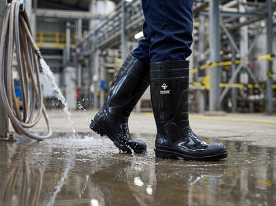 Botas de PVC Topsafe en uso en planta industrial con piso mojado