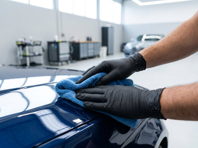 Guantes de nitrilo 5,5 g Topsafe negros en uso en detailing automotriz