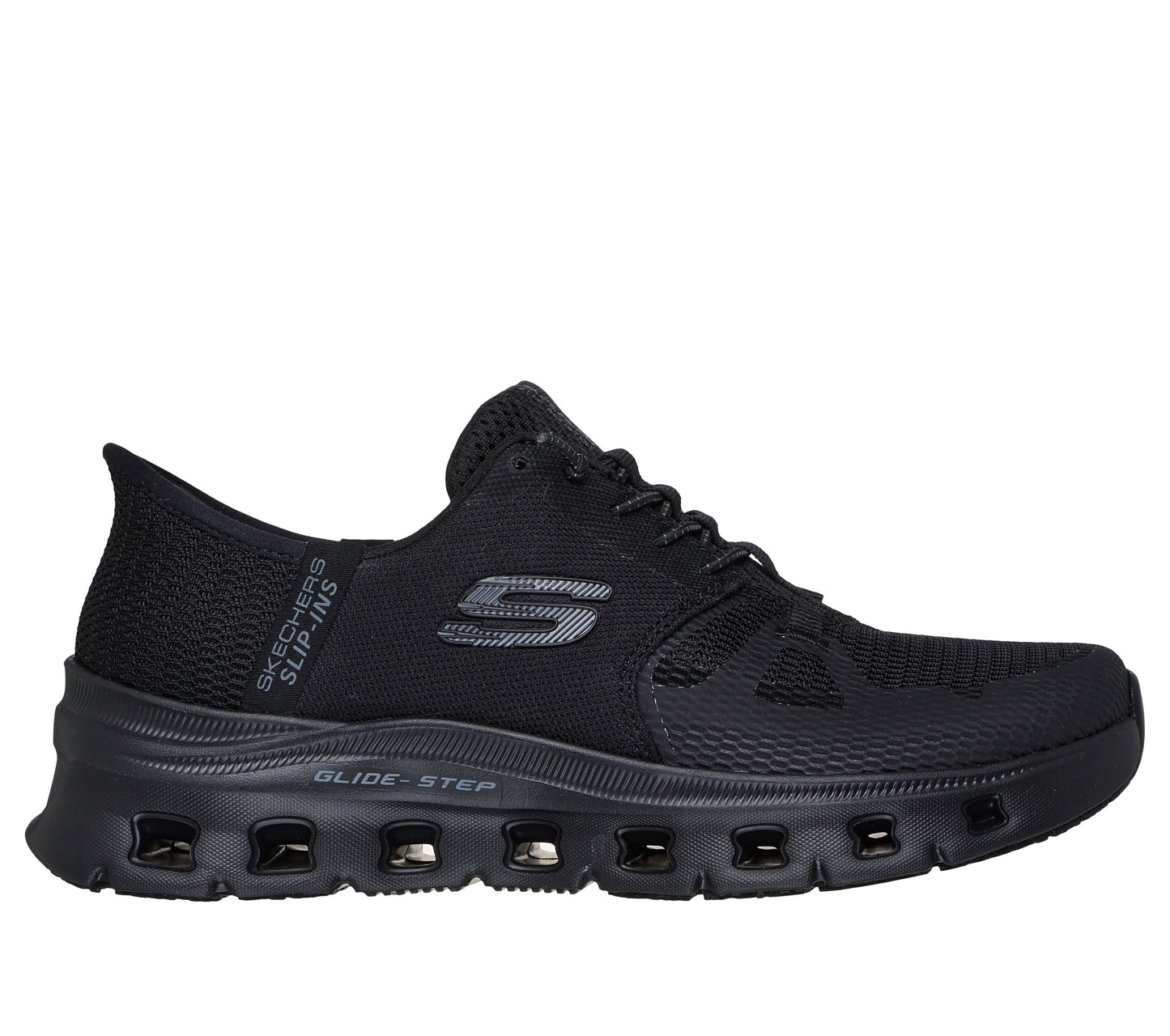 Skechers Work Glide Step Negro zapatilla ocupacional mujer Slip-ins Hands Free Heel Pillow vista lateral