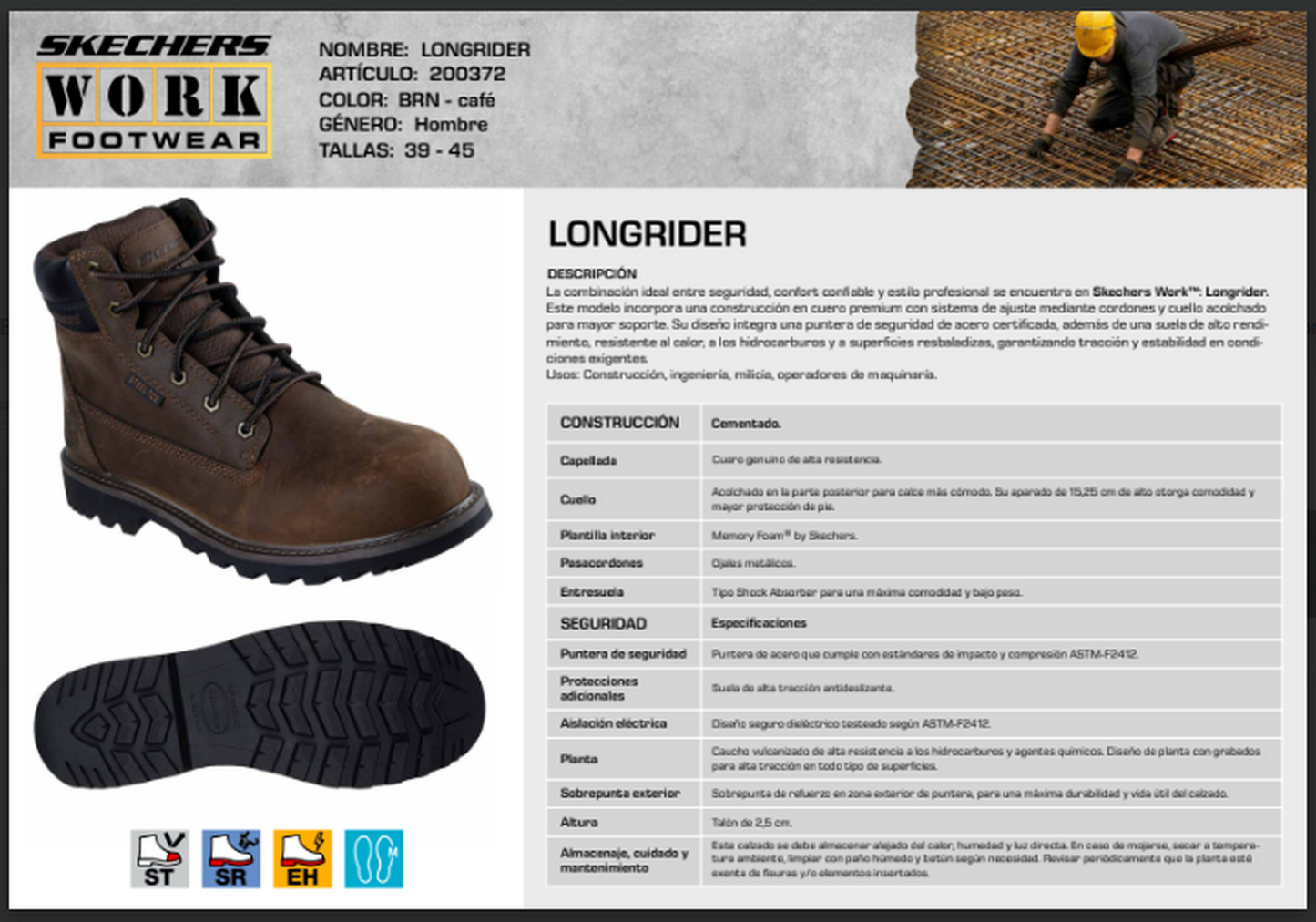 Skechers Work Longrider Café calzado seguridad hombre puntera acero dieléctrico EH