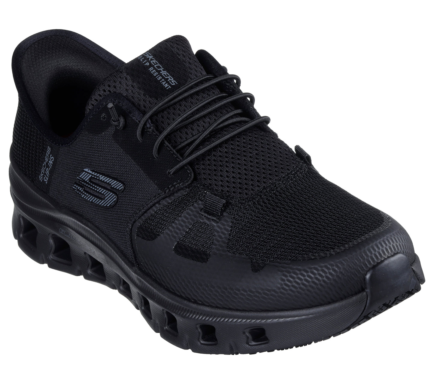 Skechers Work Glide Step Hombre Negro zapatilla ocupacional Slip-ins Water Repellent vista perfil