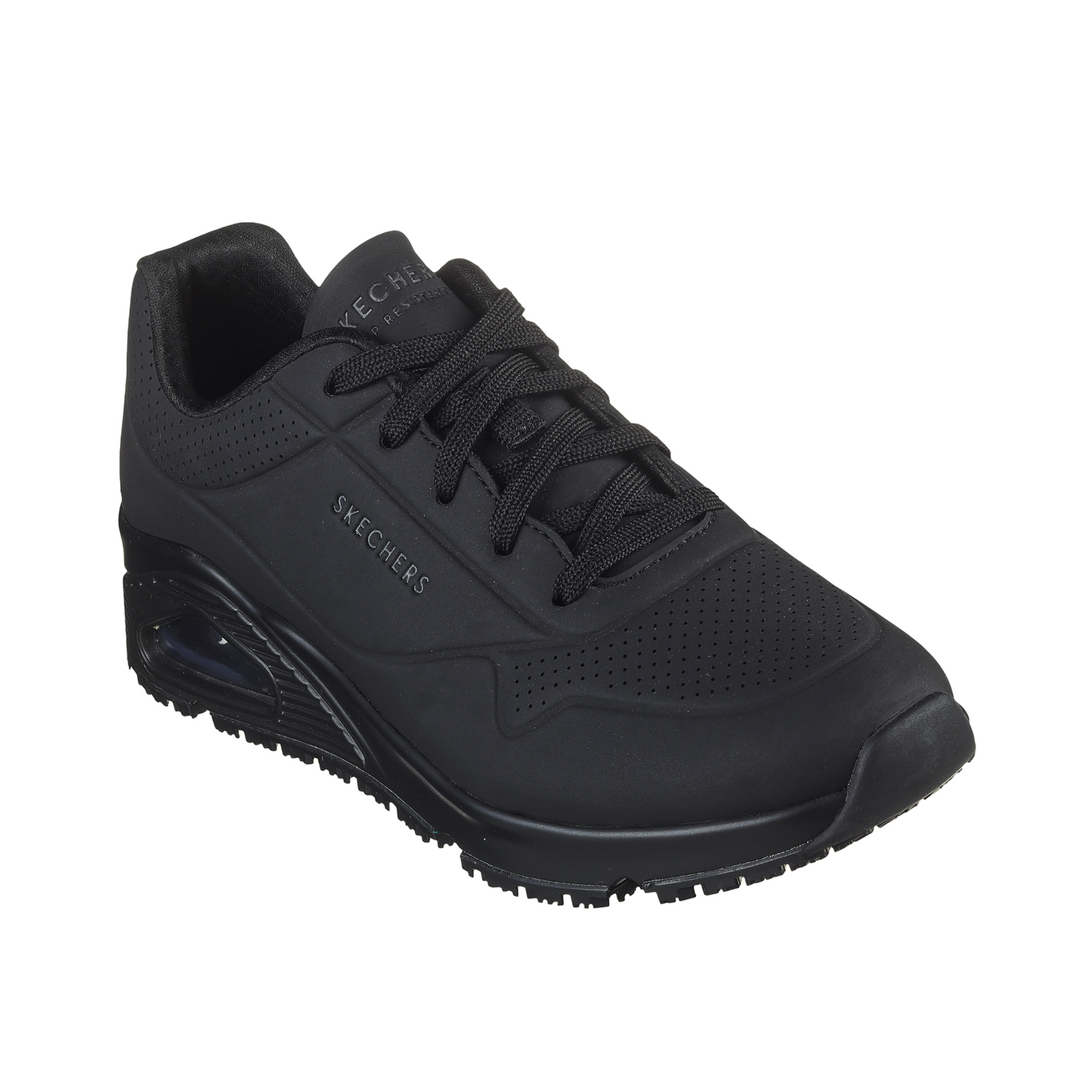 Skechers Work Uno SR Negro zapatilla ocupacional mujer vista frontal cordones Durabuck microfibra