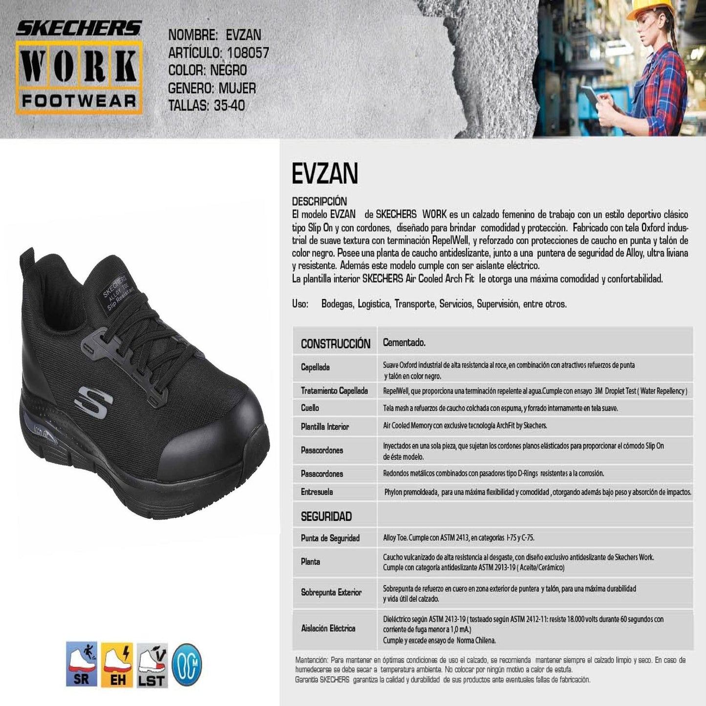 Skechers Work Evzan Negro calzado seguridad mujer puntera Alloy dieléctrico EH