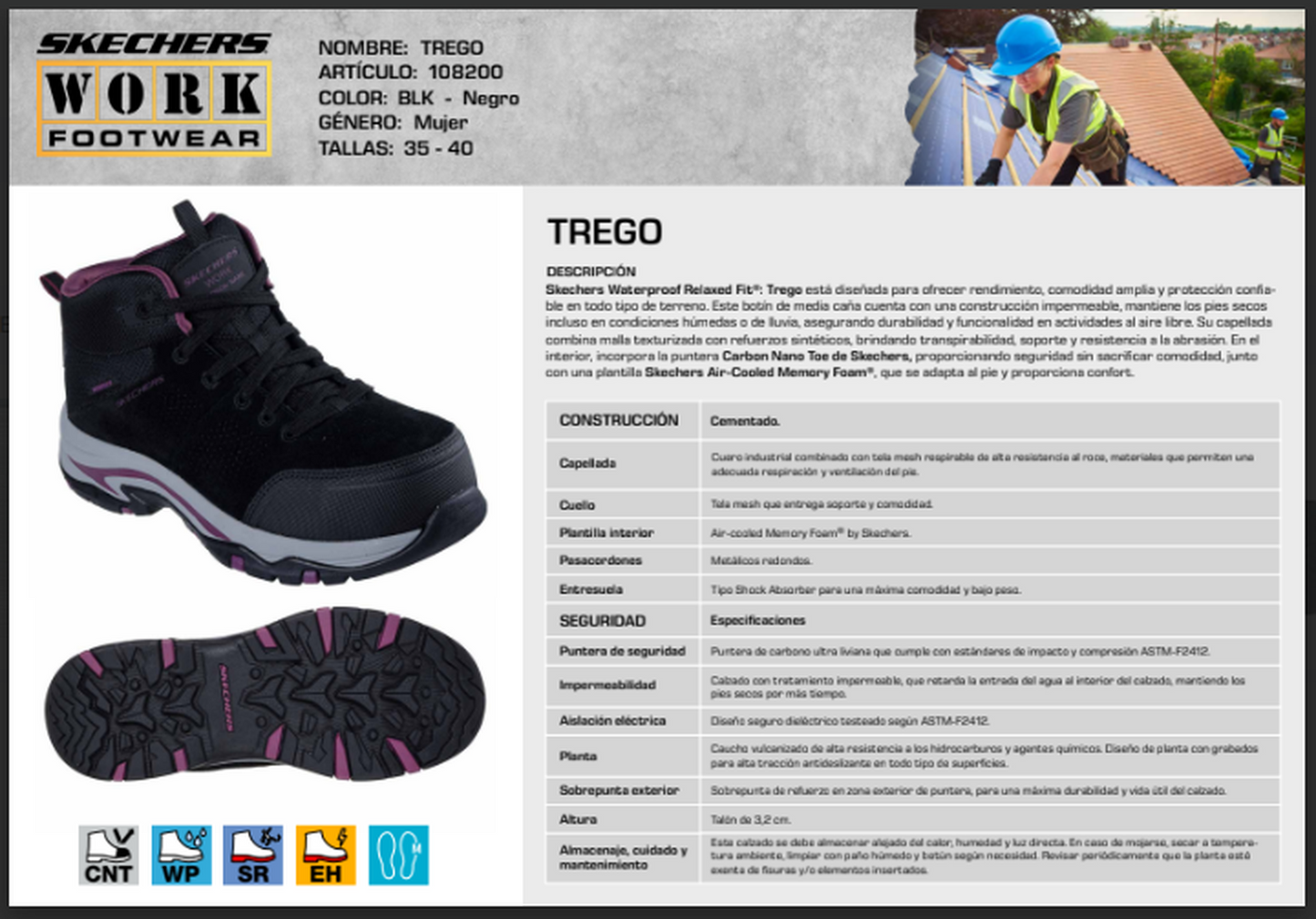 Skechers Work Trego Negro calzado seguridad mujer puntera carbono CNT dieléctrico EH Waterproof