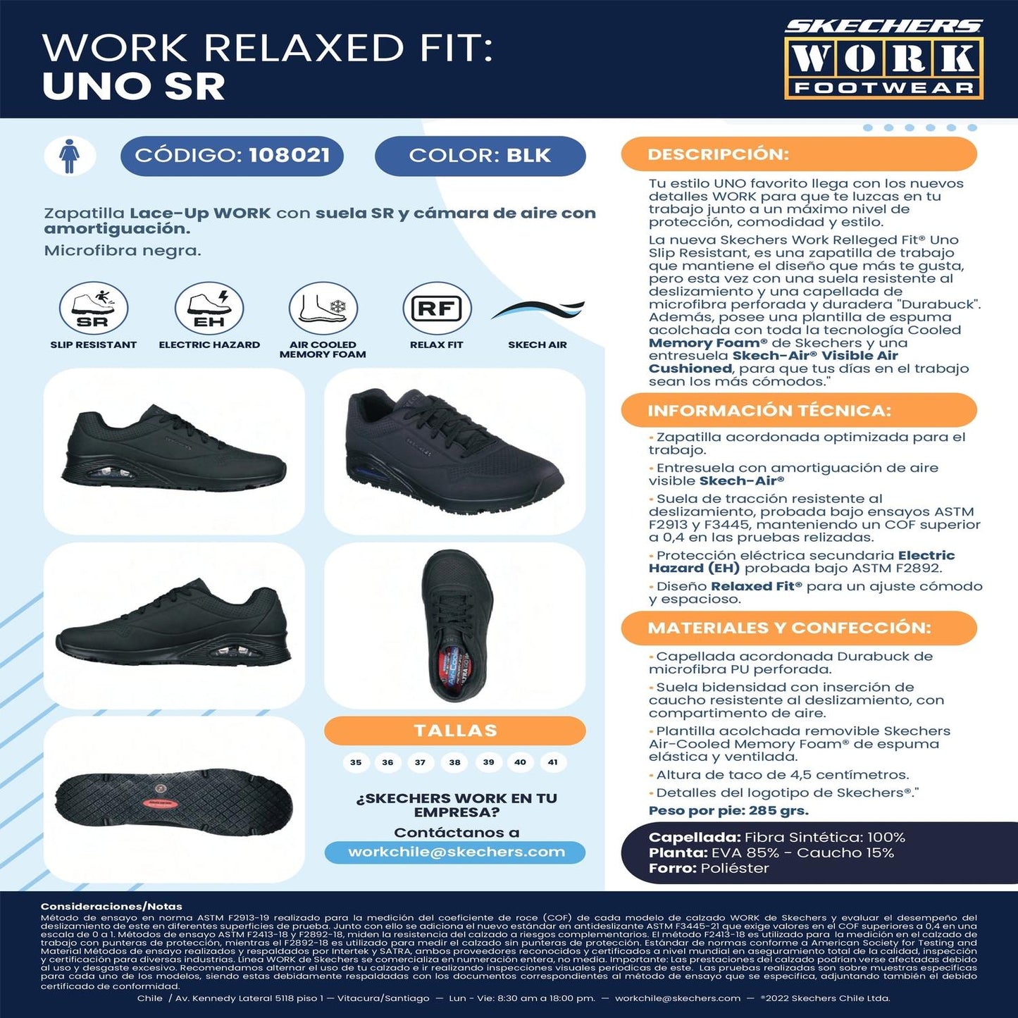 Skechers Work Uno SR Negro suela Slip Resistant bidensidad EVA caucho compartimento aire