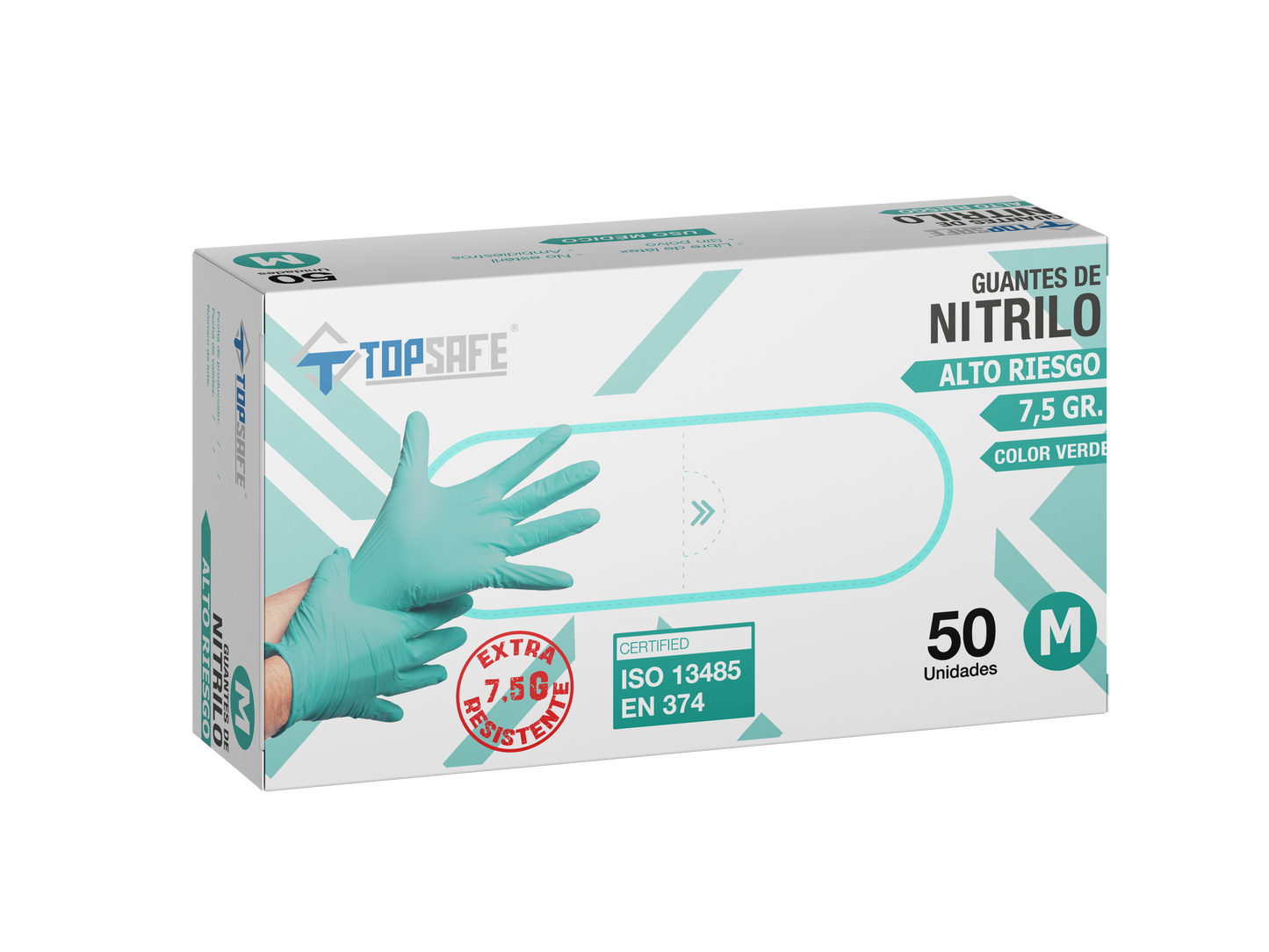 Guante Nitrilo Topsafe Quimico Premiun 7.5 Verde (100u)