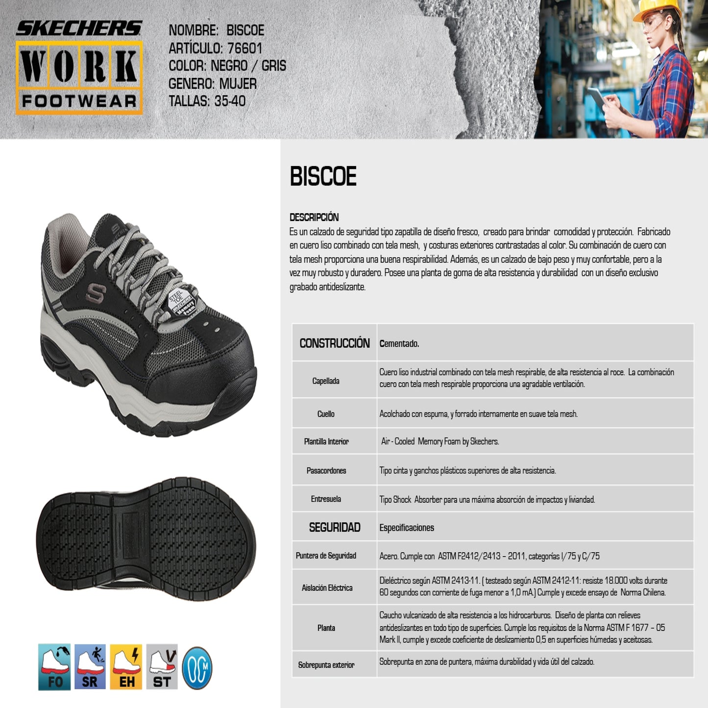 Skechers Zapatilla Mujer Seguridad Biscoe Gris