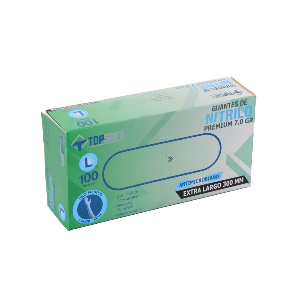 Guante Extra Largo Nitrilo 7,0 gr Topsafe Azul (100u)