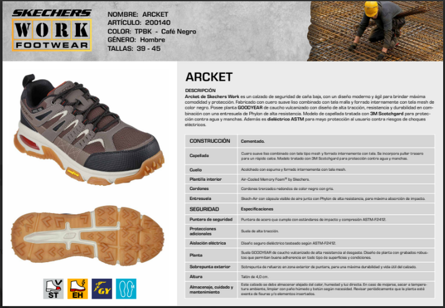 Skechers Work Arcket Café calzado seguridad industrial puntera acero