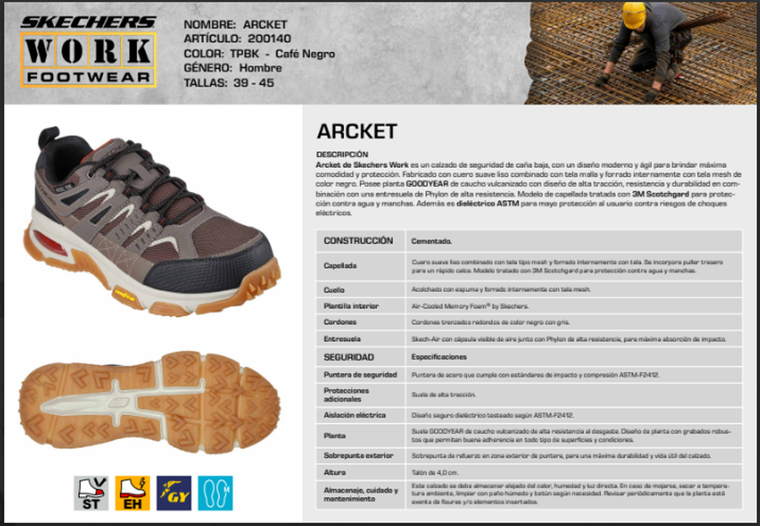 Skechers Work Arcket Café calzado seguridad industrial puntera acero