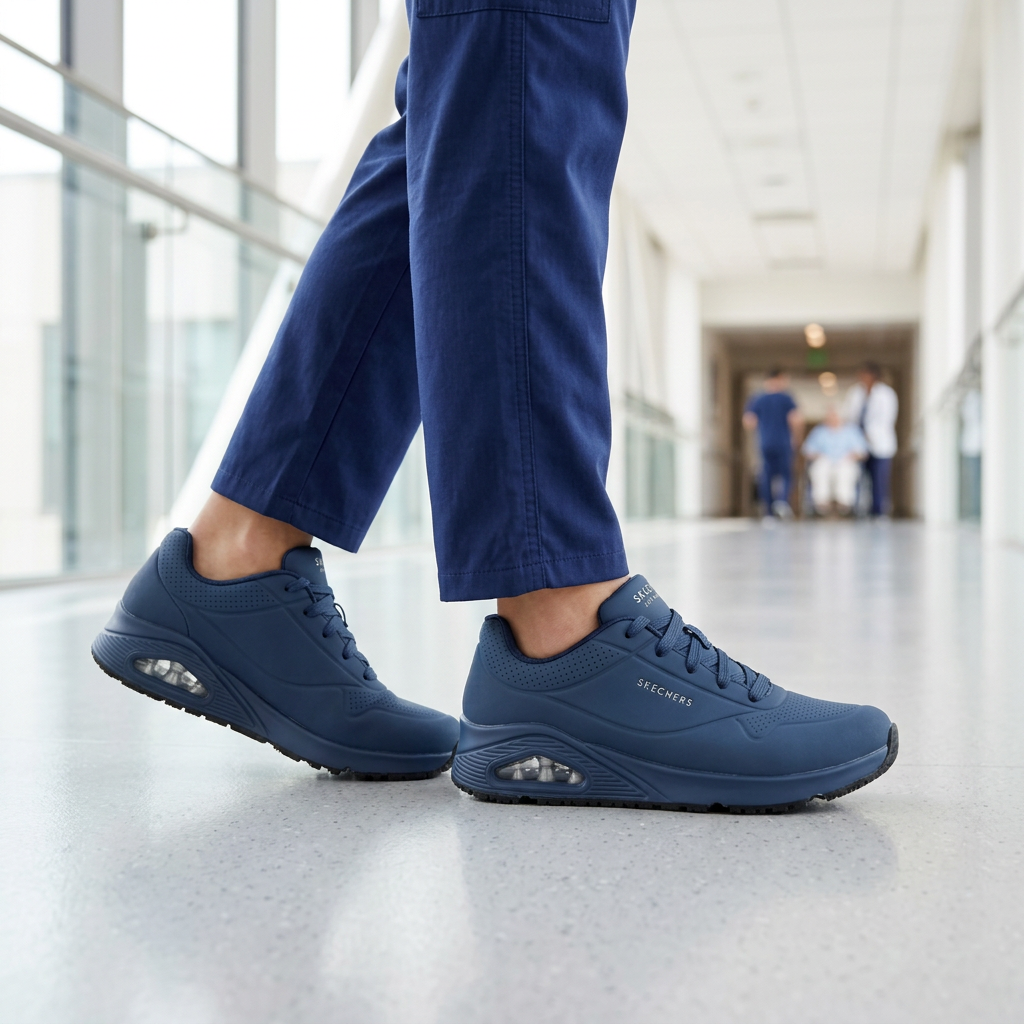 Zapatilla Ocupacional Mujer Skechers Work Uno SR Azul Navy en uso en hospital