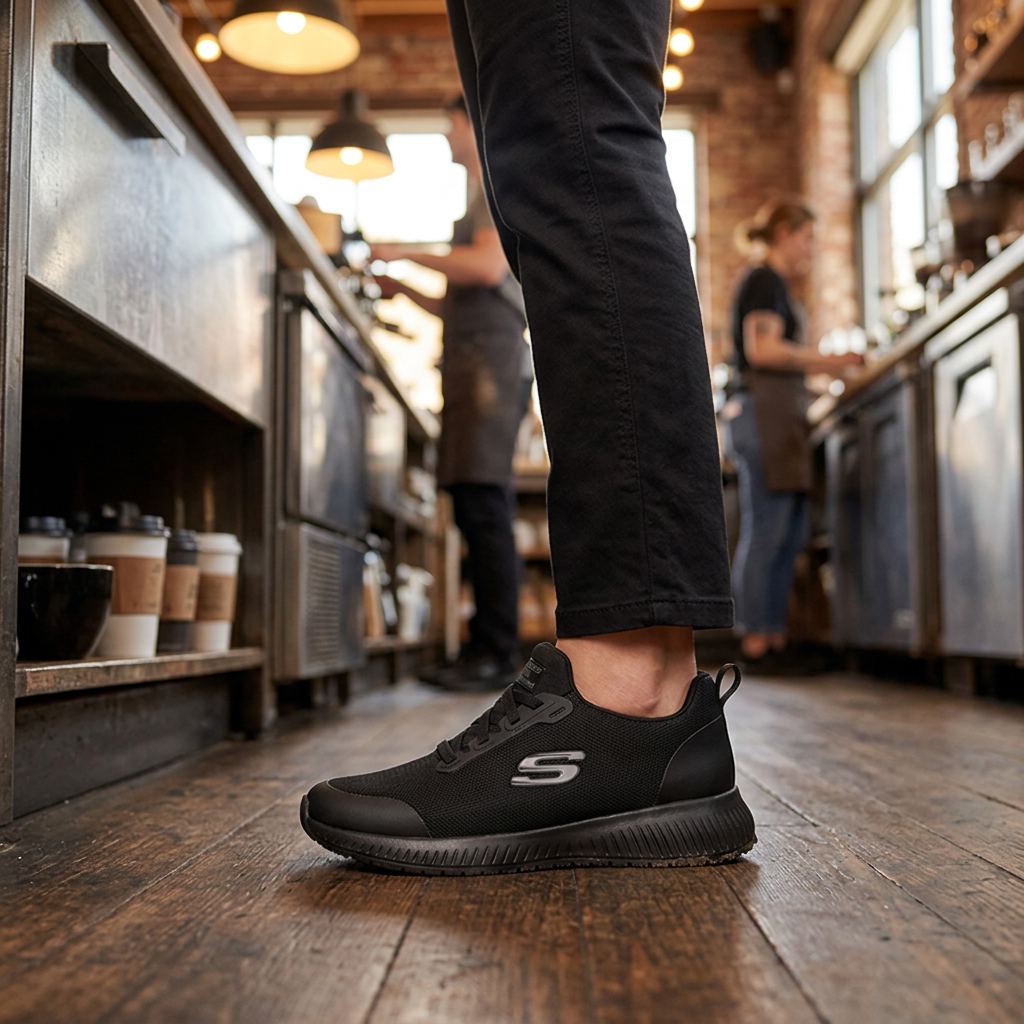 Zapatilla Ocupacional Mujer Skechers Work Squad SR Negro en uso en cafetería