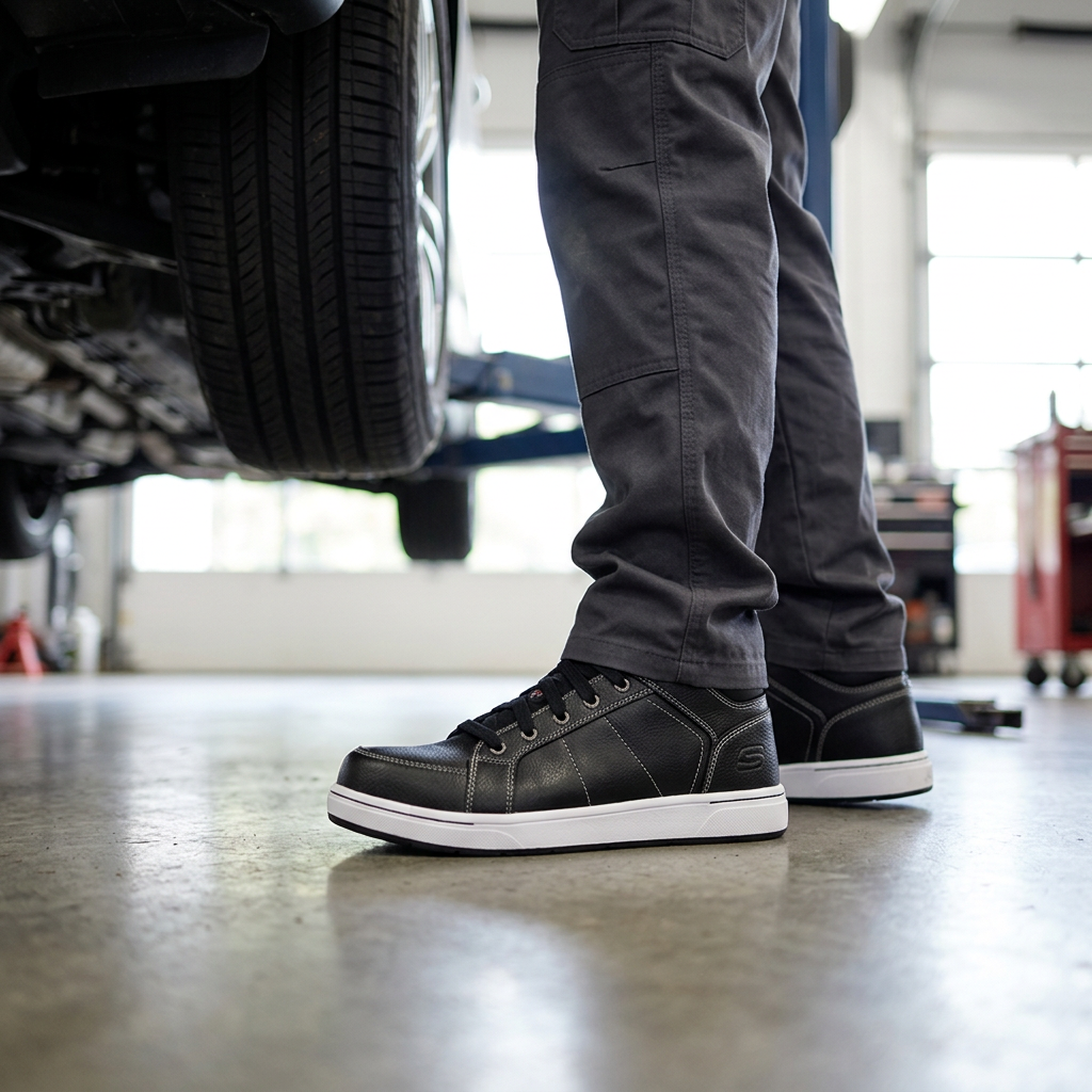 Zapatilla de Seguridad Hombre Skechers Work Stirling Negro en uso en taller mecánico
