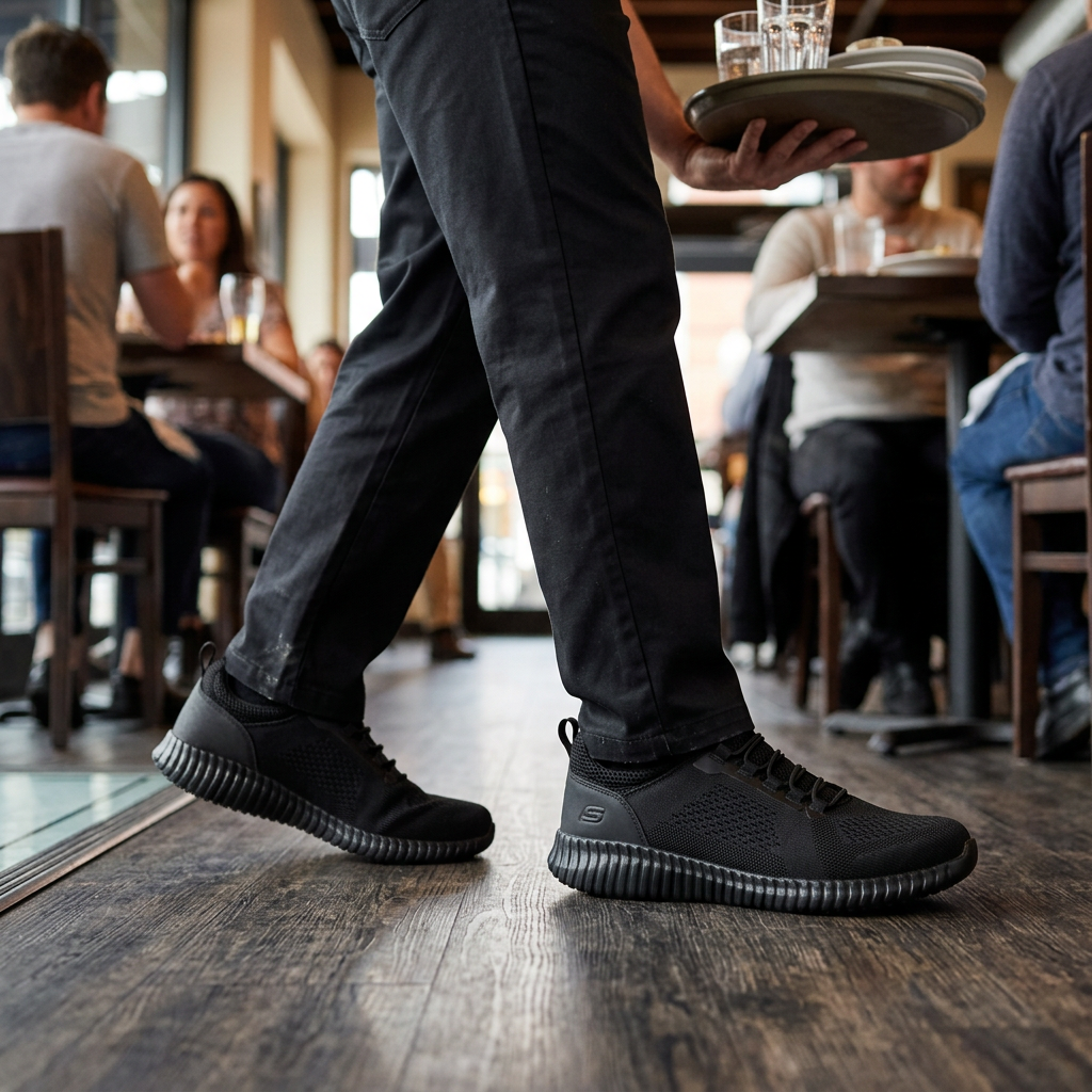 Zapatilla Ocupacional Hombre Skechers Work Cessnock SR Negro en uso en restaurante