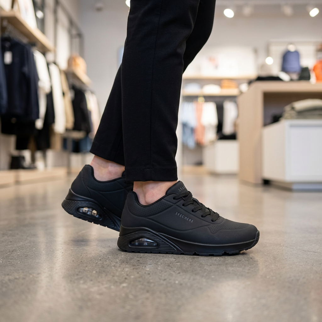 Zapatilla Ocupacional Mujer Skechers Work Uno SR Negro en uso en tienda de retail