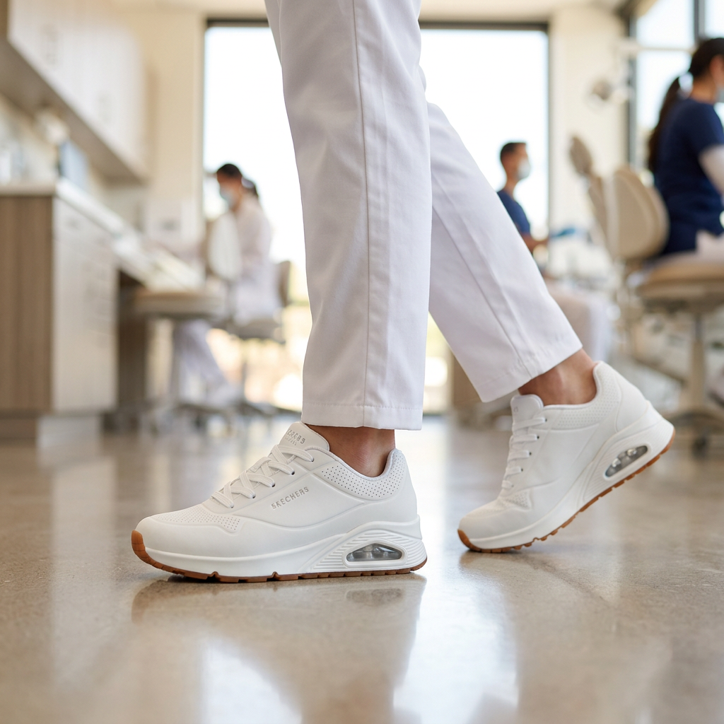 Zapatilla Ocupacional Mujer Skechers Work Uno SR Blanco en uso en clínica dental