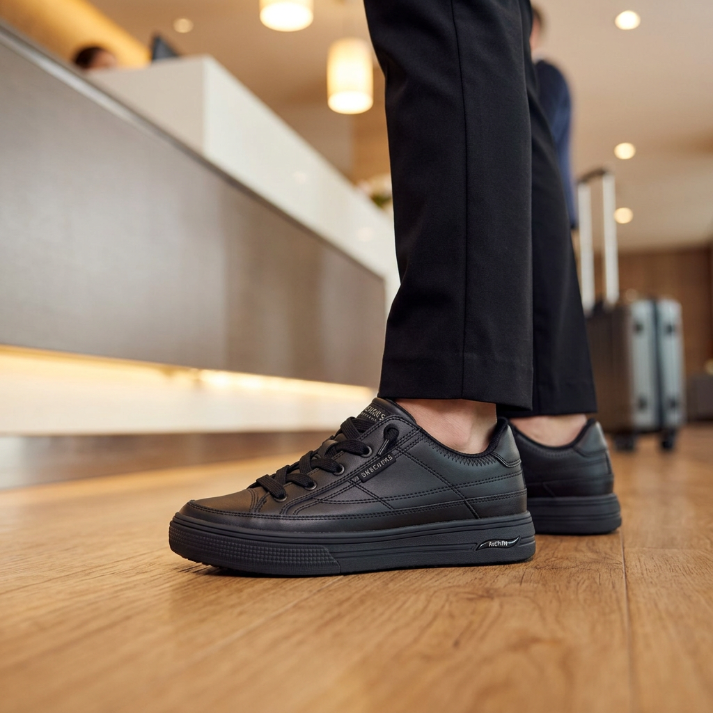 Zapatilla Ocupacional Mujer Skechers Work Arcade Negro Arch Fit en uso en recepción de hotel