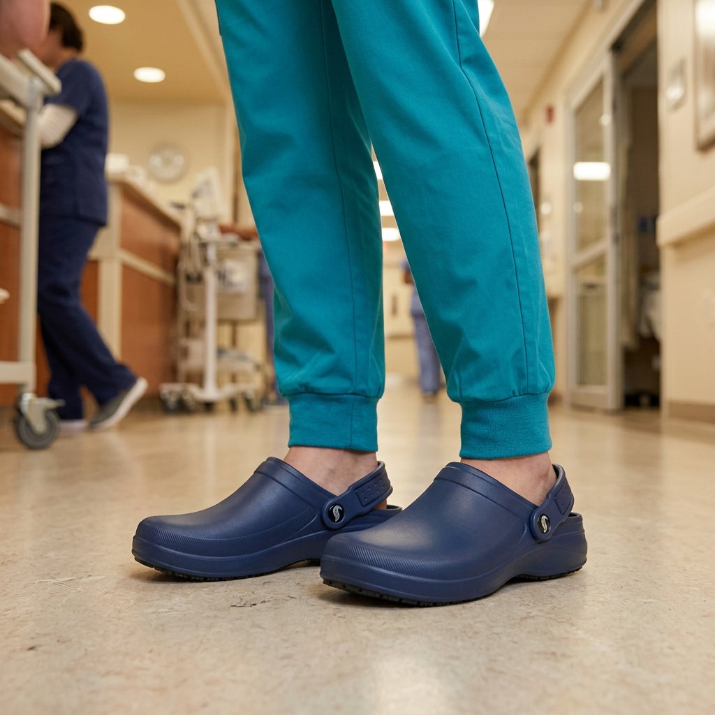 Zueco Ocupacional Mujer Skechers Work Riverbound SR Azul en uso en hospital