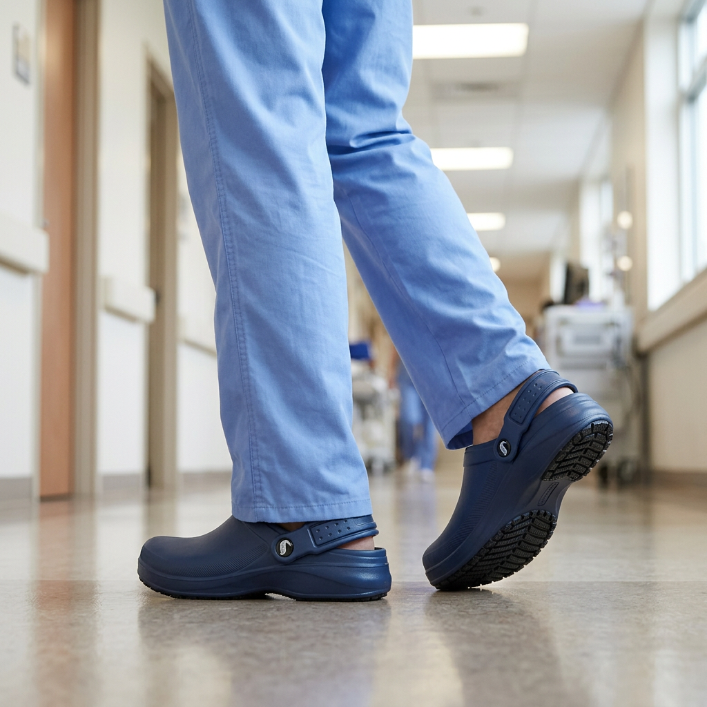 Zueco Ocupacional Hombre Skechers Work Riverbound SR Azul en uso en hospital