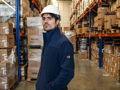 Trabajador con chaqueta TopSafe y casco en bodega